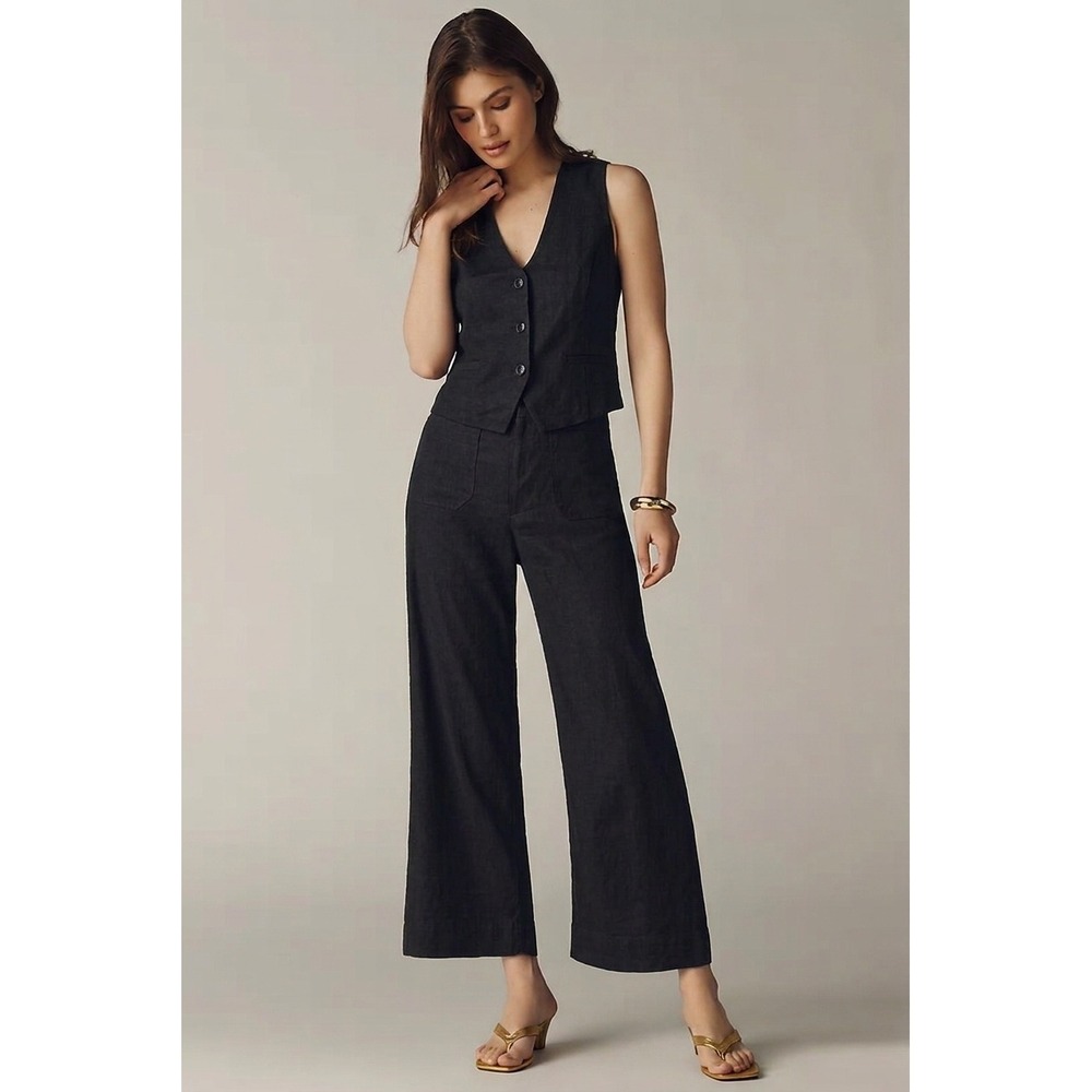 Maeve Anthropologie The Colette Linen Stretch High Rise Wide Leg Pants Black 28